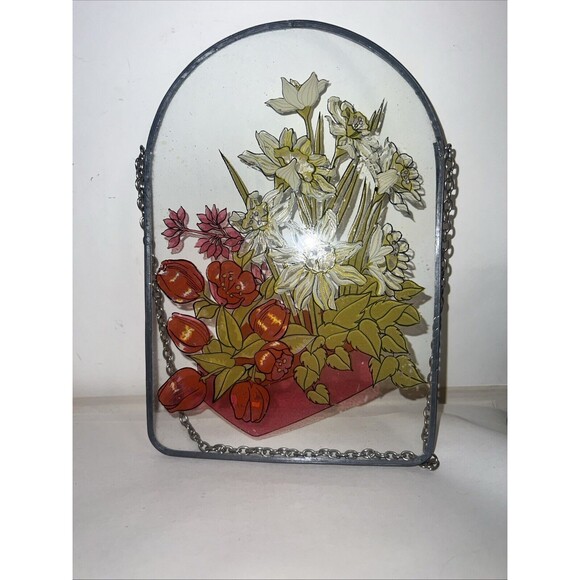 Window Picture, Basket Of Assorted Flowers  Hanging Floral Art 8”x5.5” - Picture 3 of 7